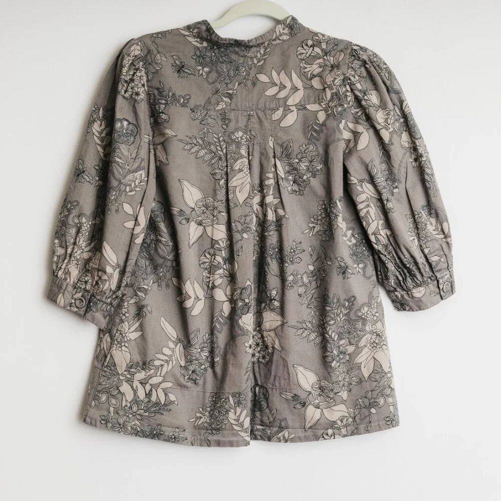 H&M Gray A-Line Floral Balloon Sleeve V-Neck Blouse - Picture 4 of 4